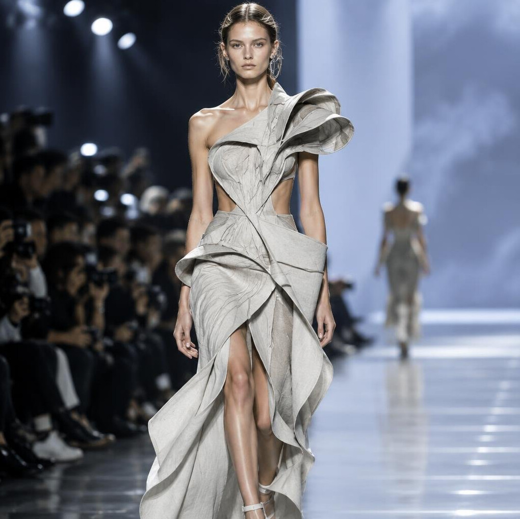 Model walking on a fashion runway during a show
