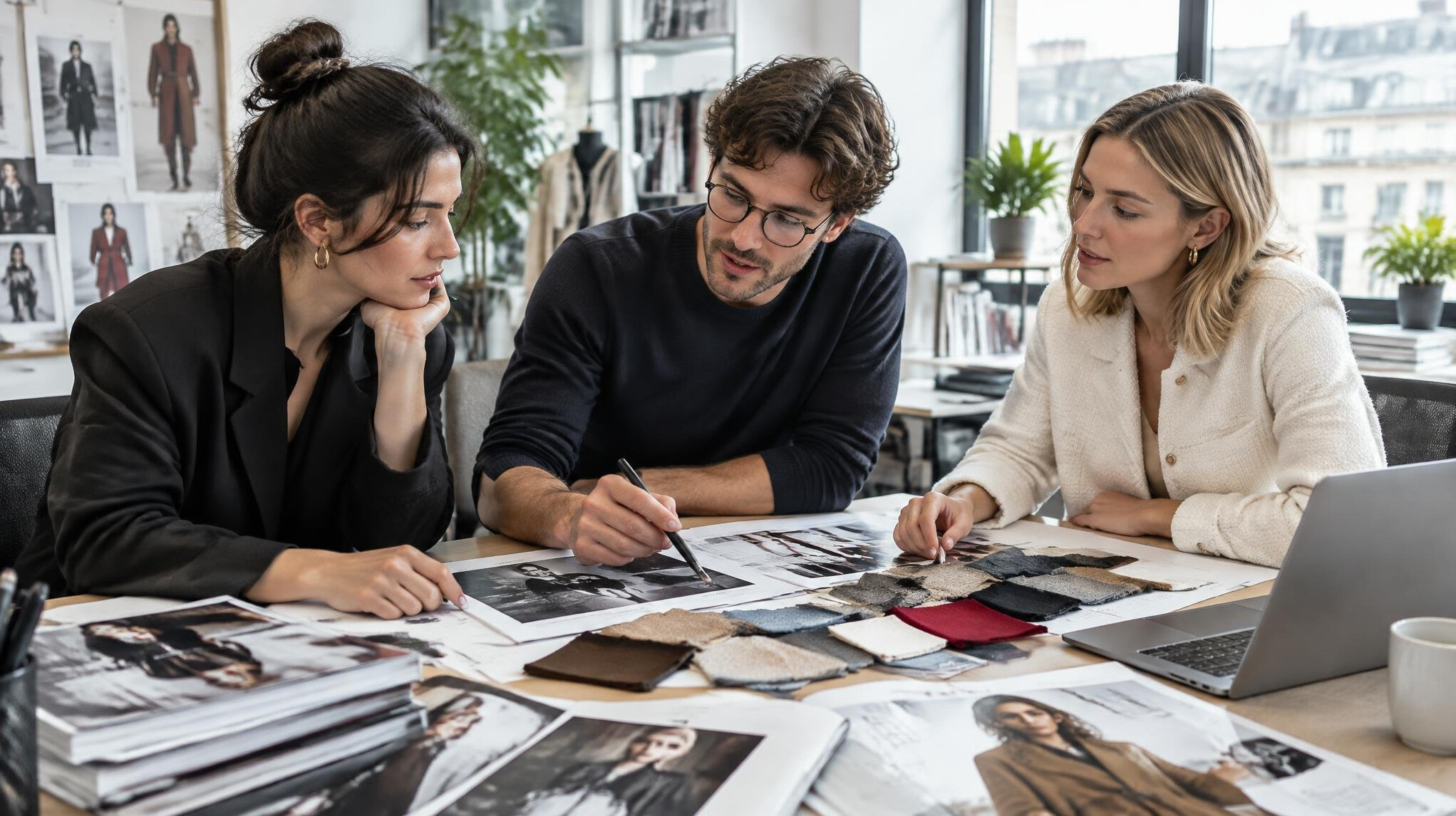 Fashion editorial team reviewing a mood board