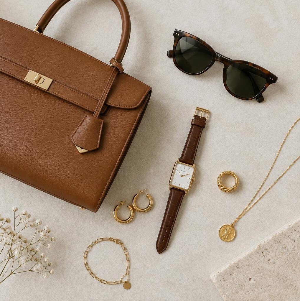 Flat lay of fashion accessories including a handbag and jewelry