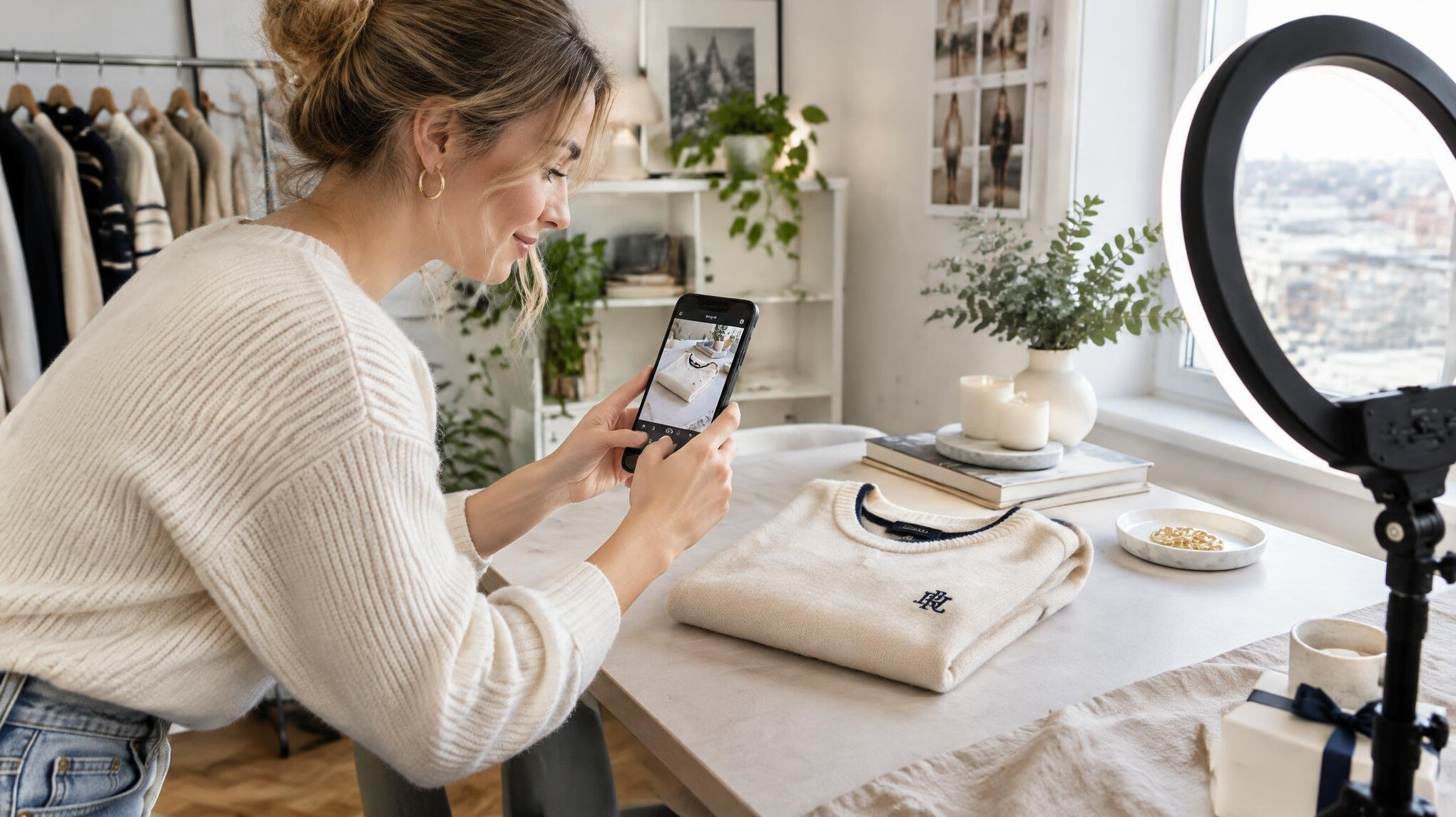 Content creator photographing fashion products for a brand
