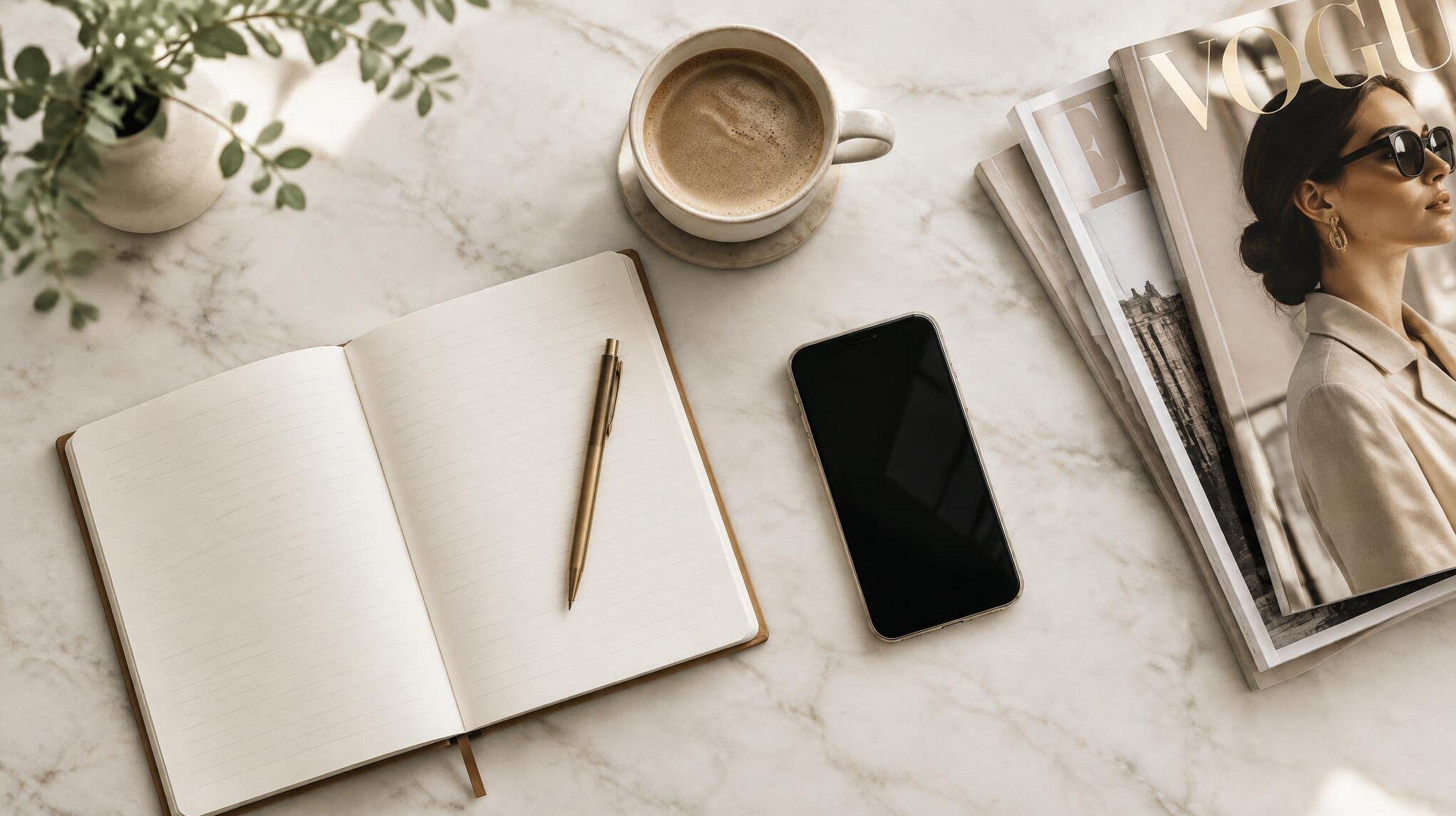 Flat lay of a notebook, phone and fashion magazines on a desk
