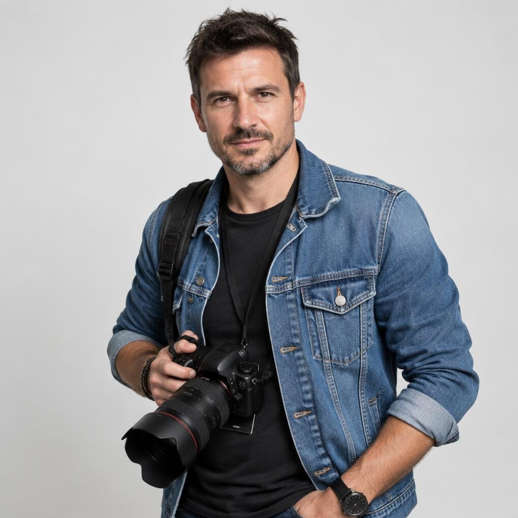 Studio portrait of a man fashion photographer team member