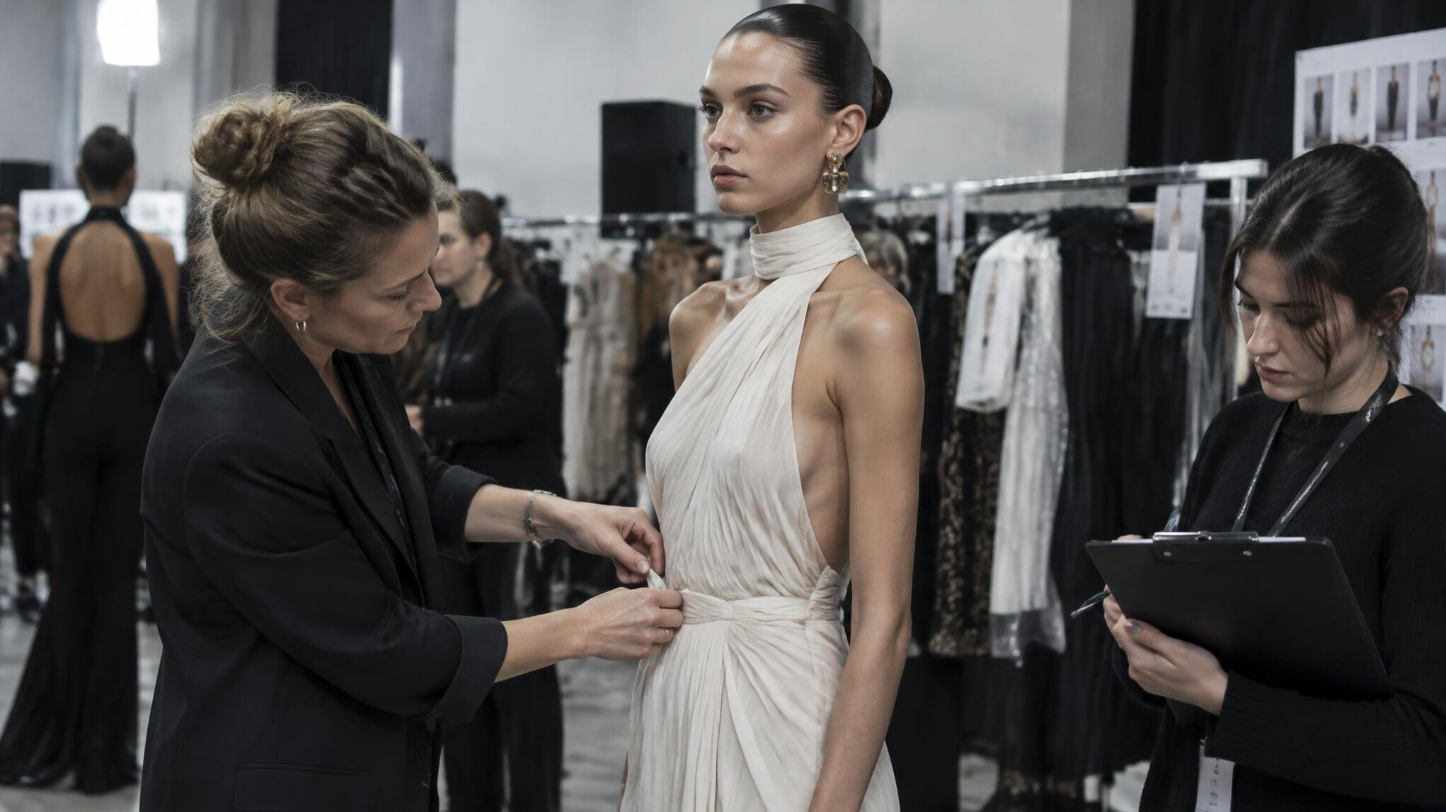 Backstage at a fashion show with models and stylists